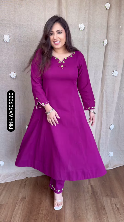 Elegant Olive Green Flared Anarkali Kurta with Mirror Work – Ethnic Chic