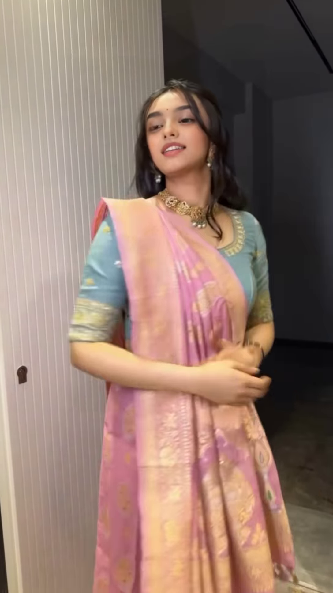 Soft Blue and Pink Chiffon Anarkali Set