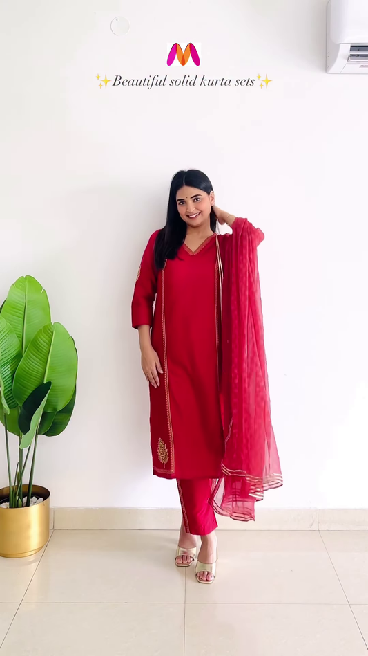 Red Kurta Set with Gold Embroidery and Matching Dupatta – A Regal Choice for Festive Comfort and Everyday Spark