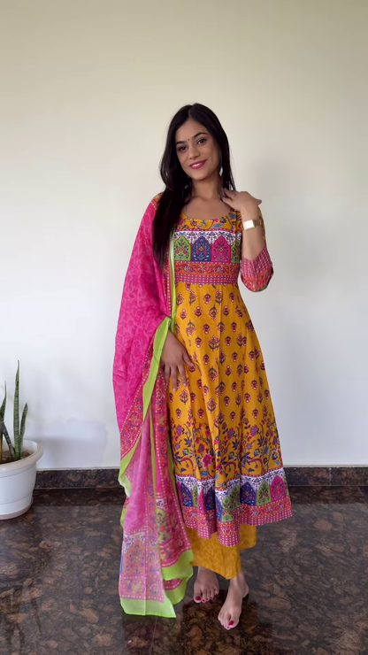 Sunlit Yellow Printed Kurta Set with Festive Pink Dupatta – Vibrance in Motion