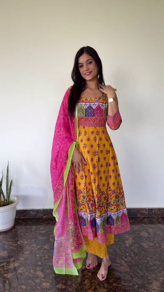 Sunlit Yellow Printed Kurta Set with Festive Pink Dupatta – Vibrance in Motion