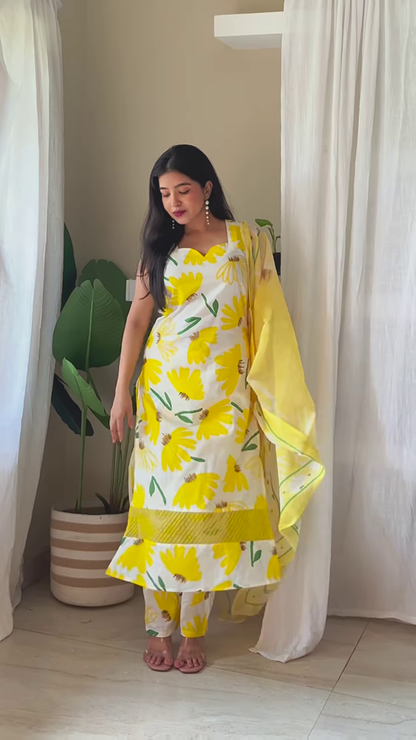 Botanical Symphony in White – Printed Cotton Ensemble with Mauve Dupatta