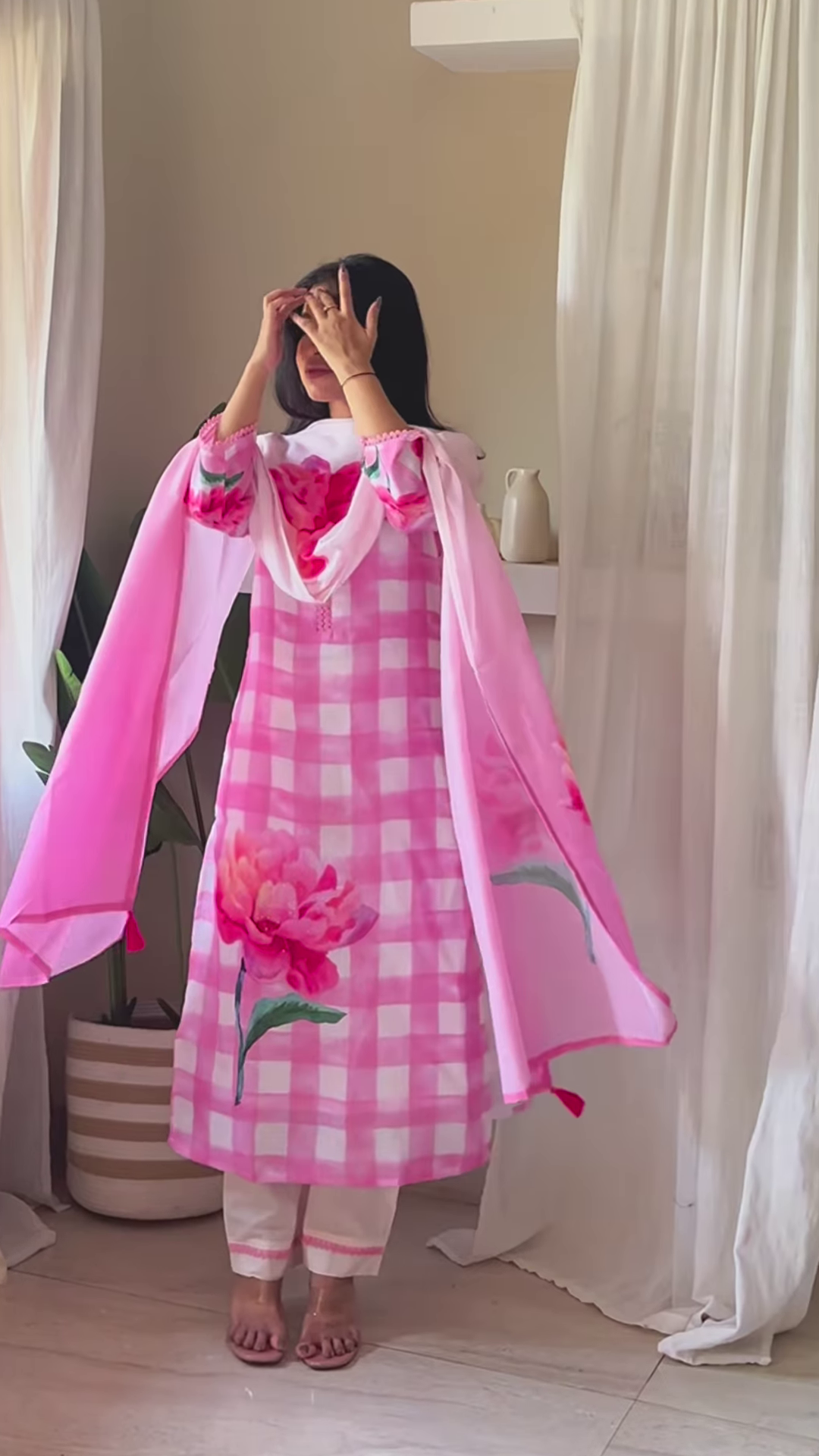 Botanical Symphony in White – Printed Cotton Ensemble with Mauve Dupatta