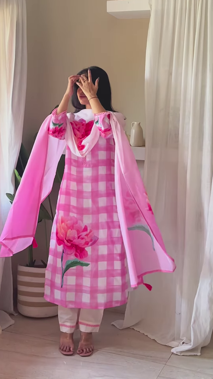 Botanical Symphony in White – Printed Cotton Ensemble with Mauve Dupatta