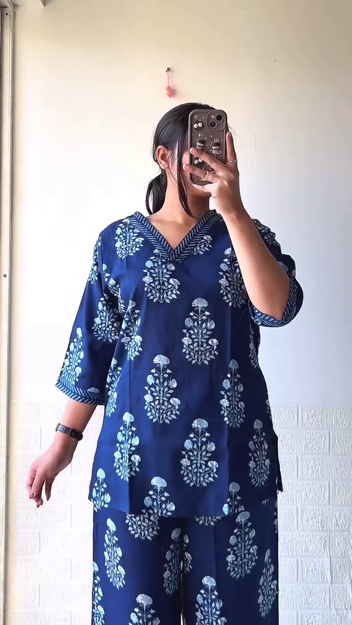 Elegant Navy Blue Handblock Print Cotton Co-ord Set – Comfort & Style in One