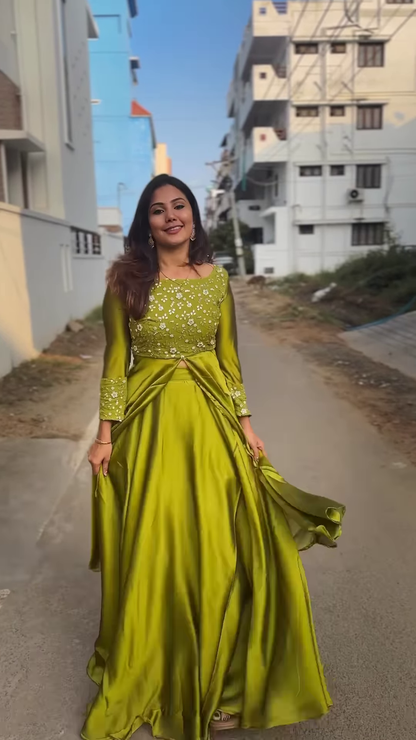 Lime Green Floral Embroidered Layered Anarkali Gown