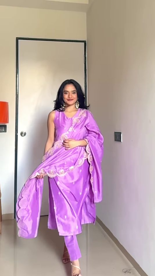 Lavender Silk Embroidered Salwar Suit with Dupatta