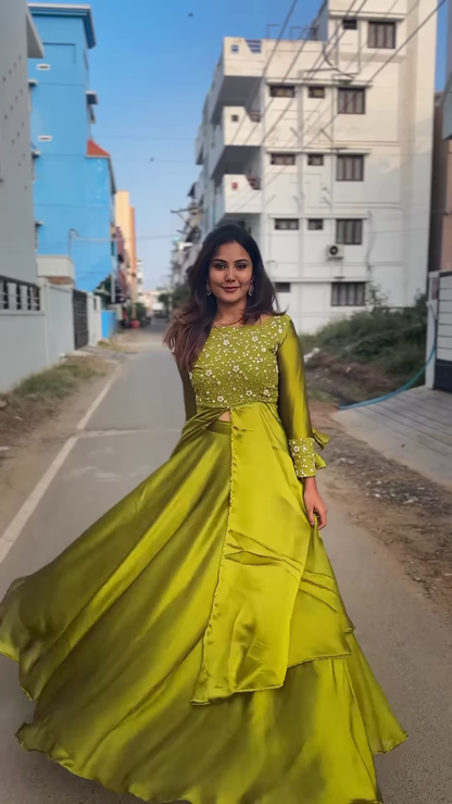 Lime Green Floral Embroidered Layered Anarkali Gown