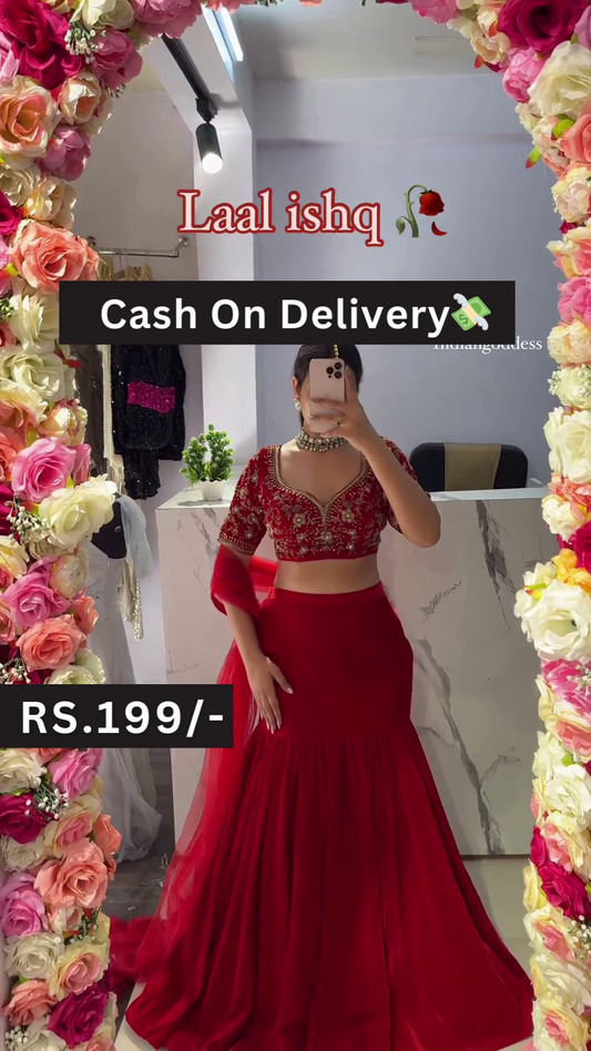 Laal Ishq Red Embroidered Lehenga Choli Set with Sheer Dupatta – Festive Elegance on a Budget