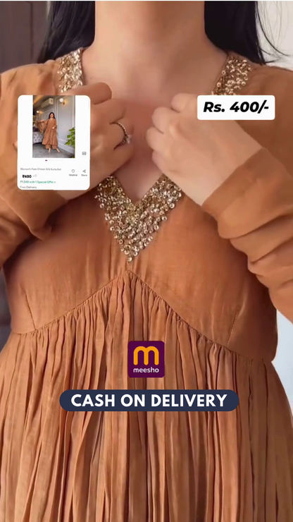 Sublime Brown Color Pure Chinon Silk Embroidery Sharara Suit