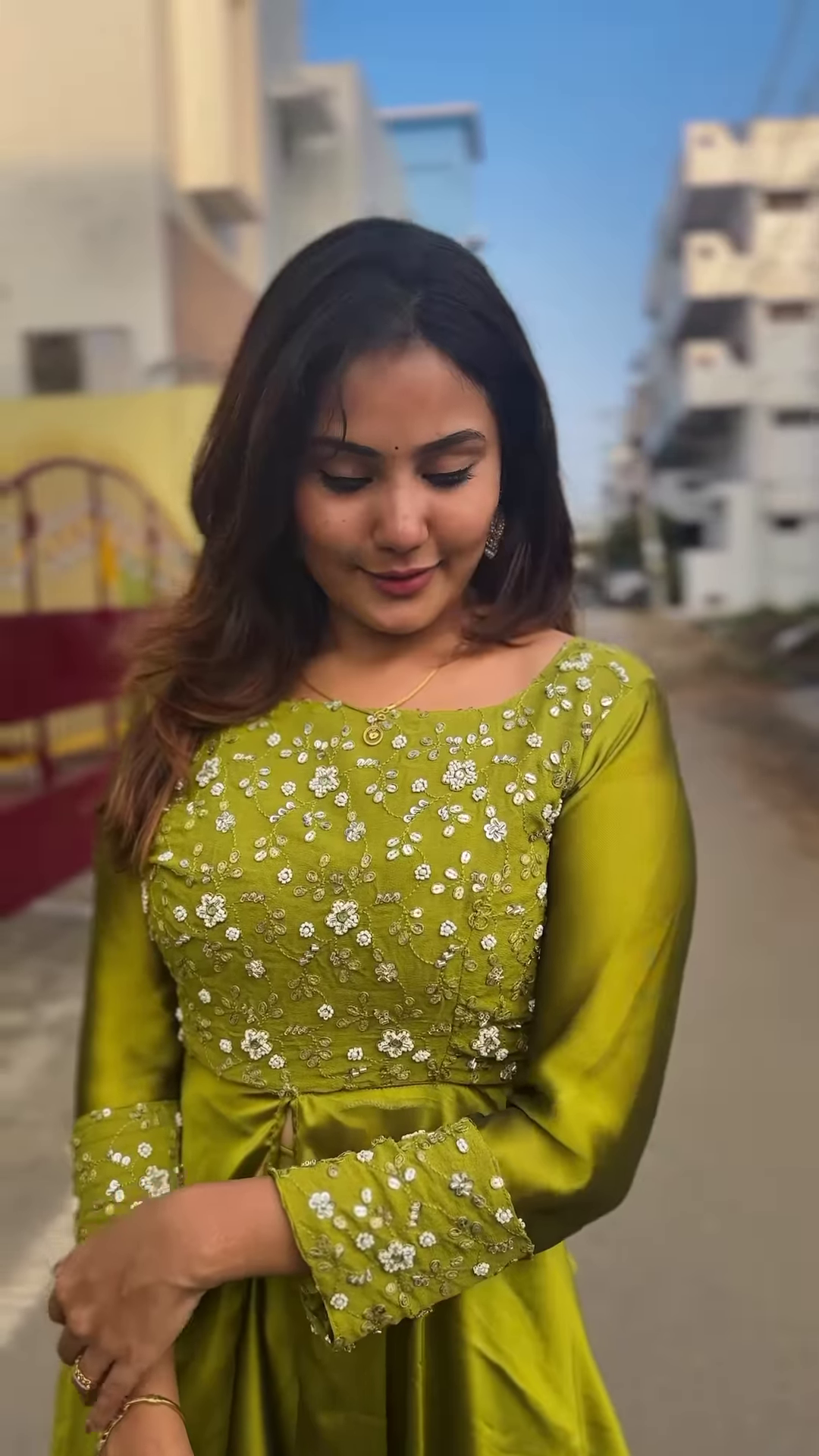 Lime Green Floral Embroidered Layered Anarkali Gown