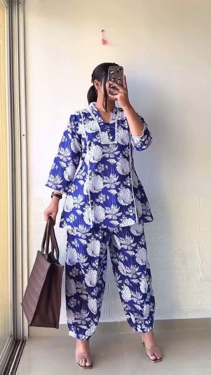 Elegant Navy Blue Handblock Print Cotton Co-ord Set – Comfort & Style in One
