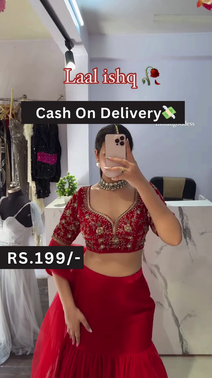 Laal Ishq Red Embroidered Lehenga Choli Set with Sheer Dupatta – Festive Elegance on a Budget