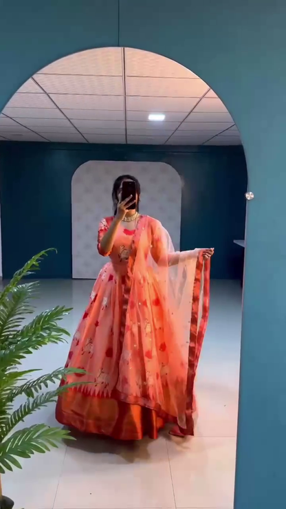 Elegant Peach Floral Printed Lehenga Set with Dupatta – Festive & Wedding Wear