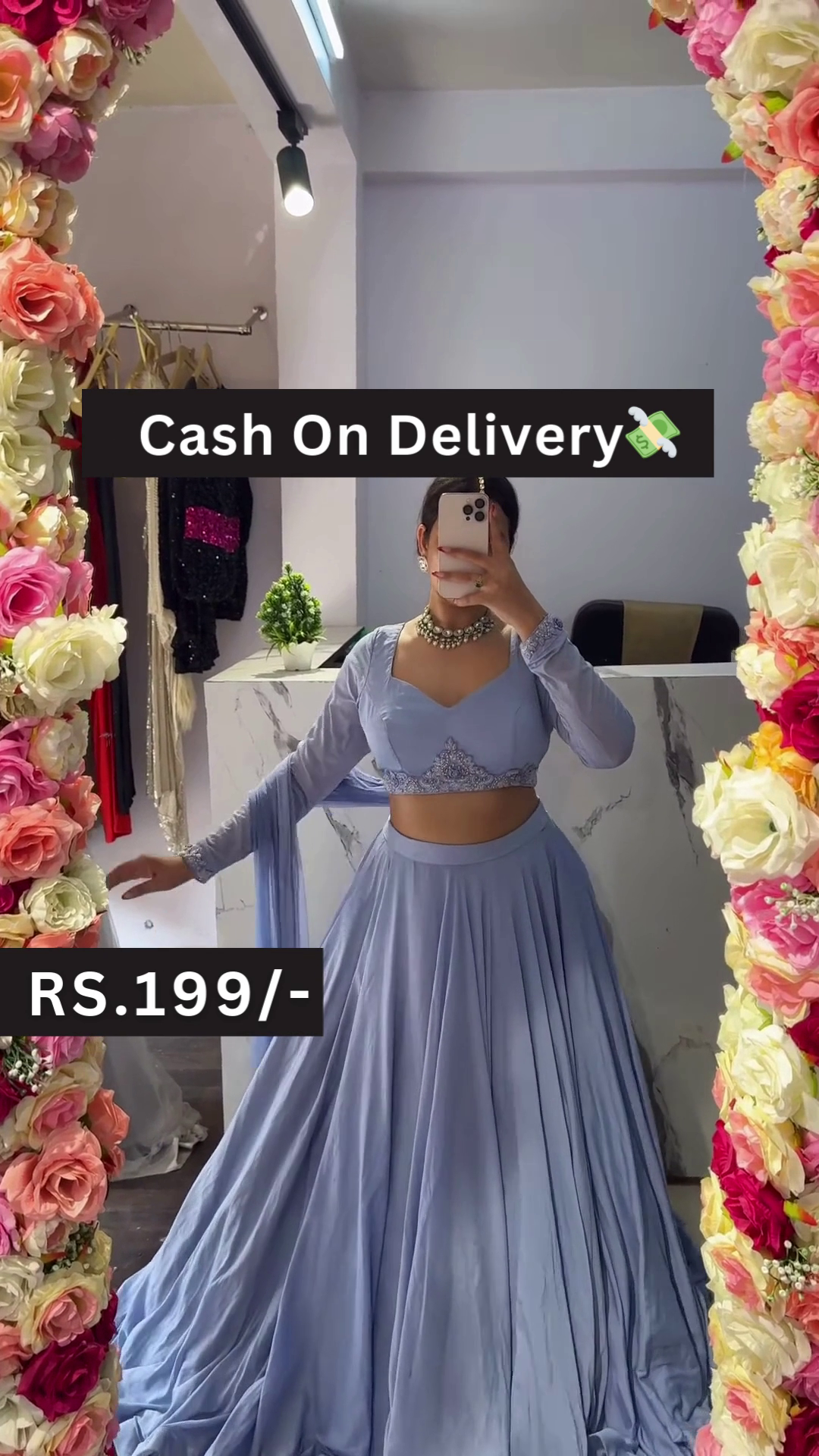 Sky Blue Embroidered Lehenga Choli Set with Floral Mirror Selfie Styling