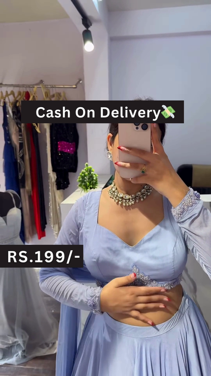 Sky Blue Embroidered Lehenga Choli Set with Floral Mirror Selfie Styling