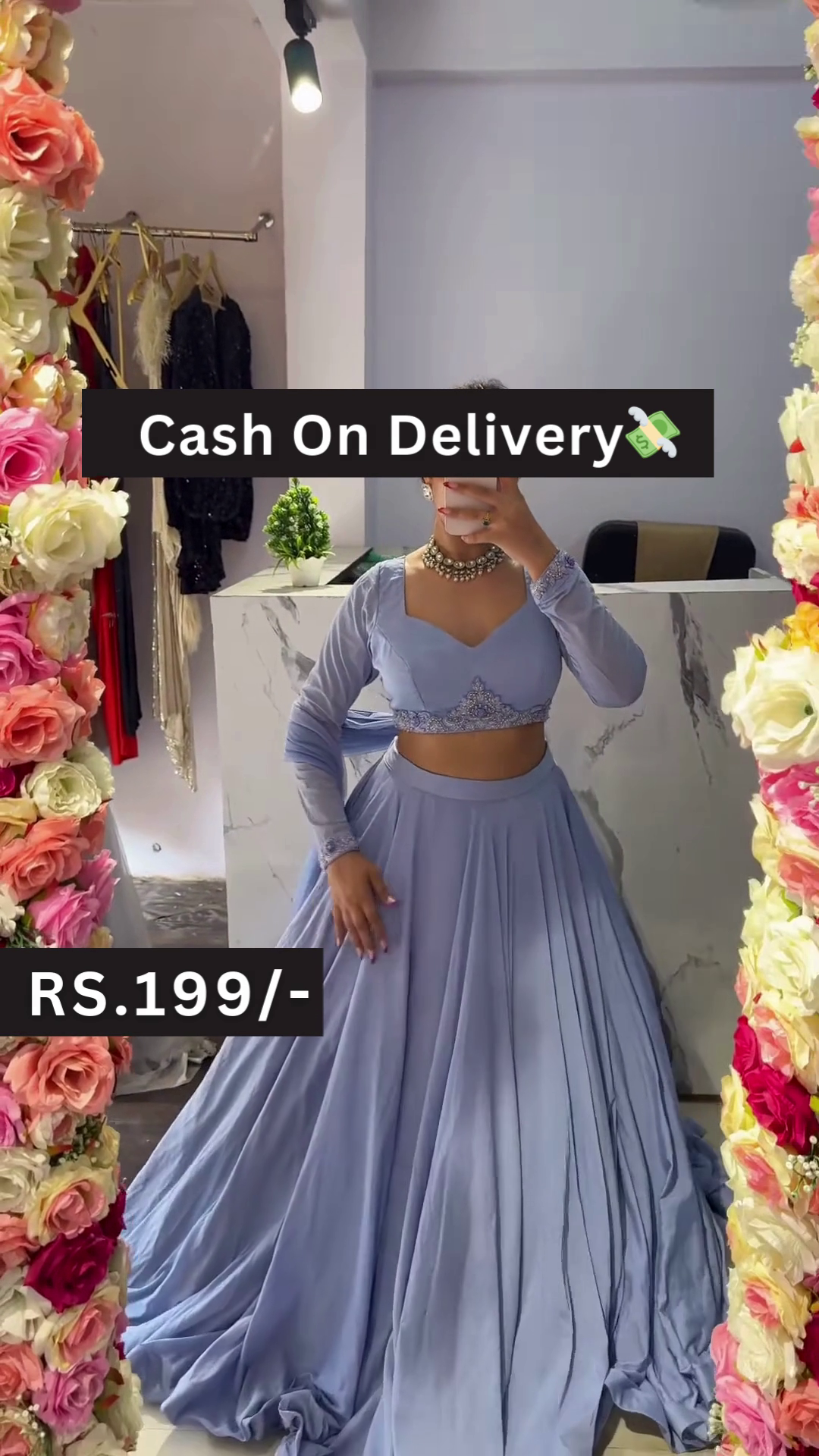 Sky Blue Embroidered Lehenga Choli Set with Floral Mirror Selfie Styling