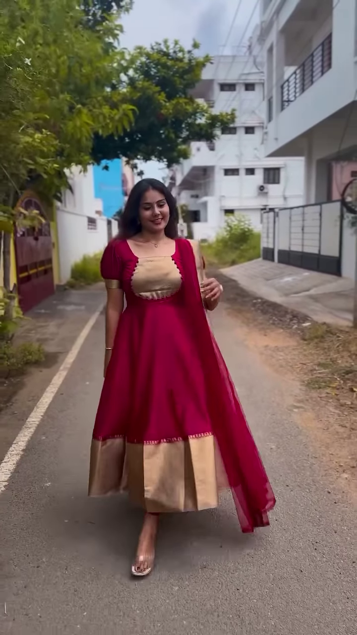 Elegant Traditional Anarkali Gown – Maroon & Gold | Festive & Party Wear