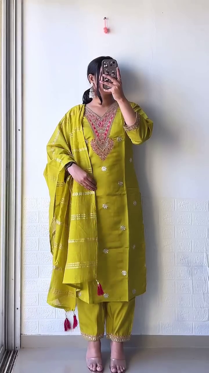 Elegant Mustard Yellow Embroidered Kurta Set with Dupatta – A Timeless Ethnic Ensemble