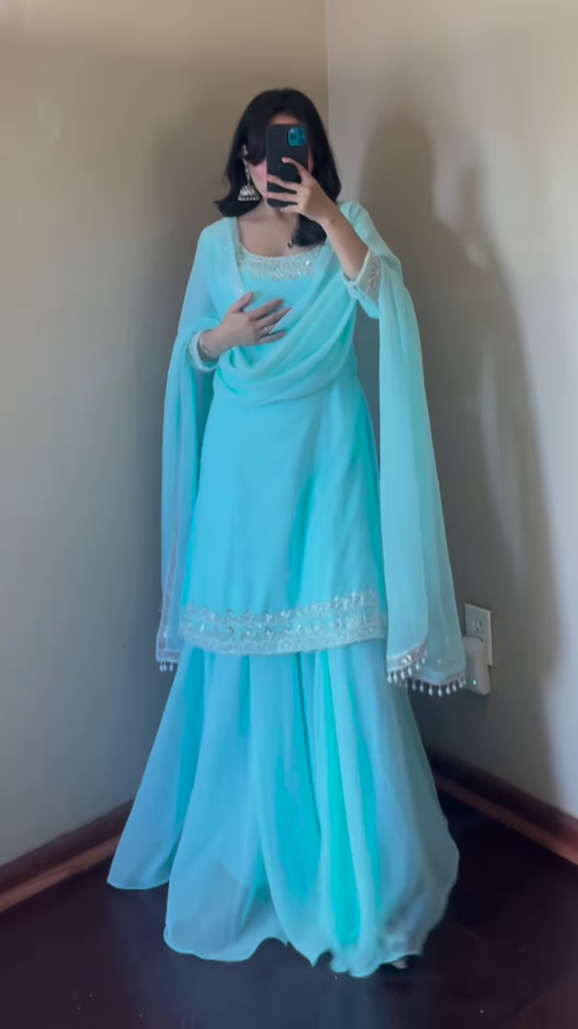 Sky Blue Chiffon Anarkali with Silver Embellishments