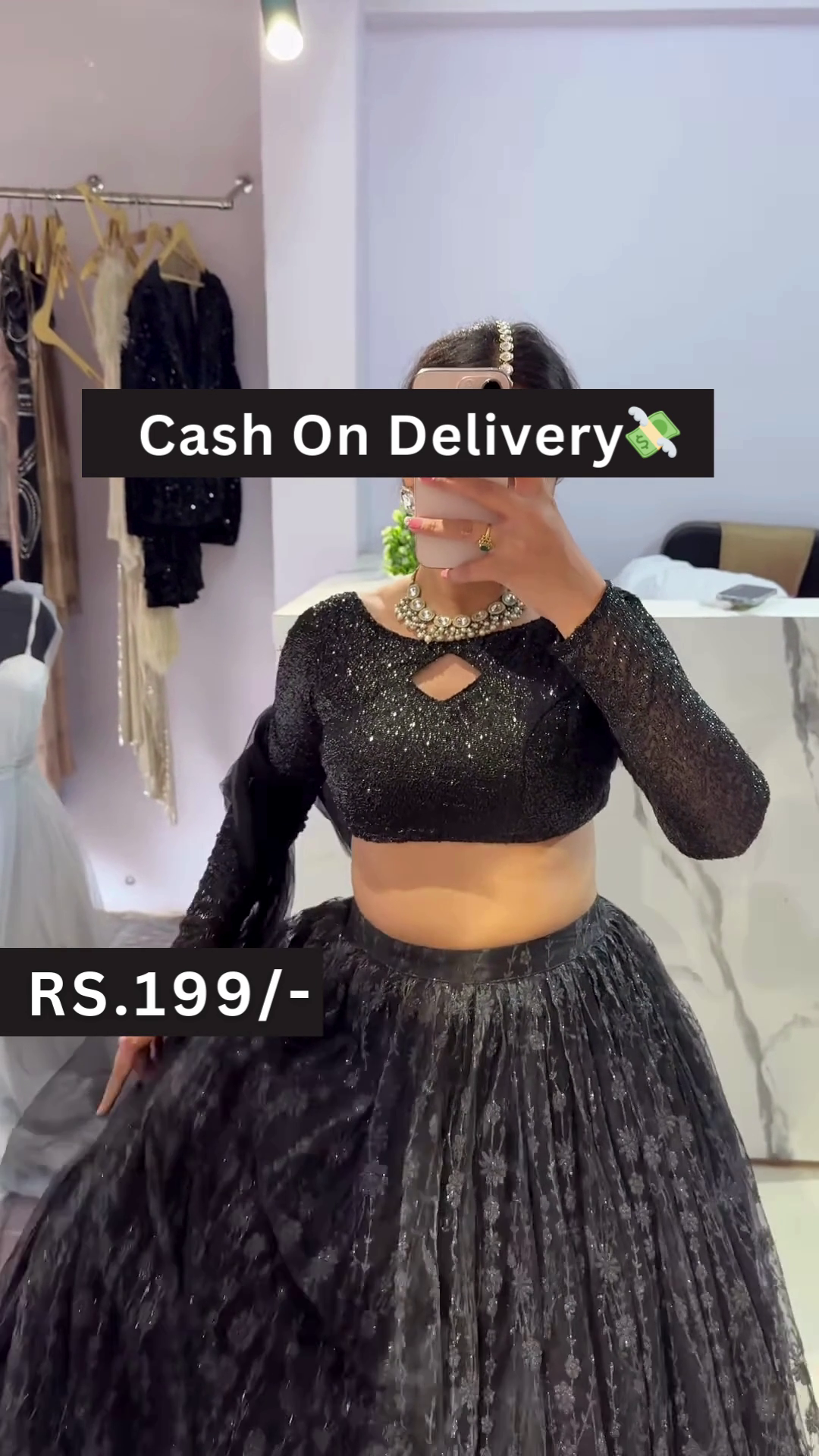Black Sequin Crop Top Lehenga Set with Lace Skirt and Floral Mirror Selfie Styling – Glam Fusion for Every Festive Mood