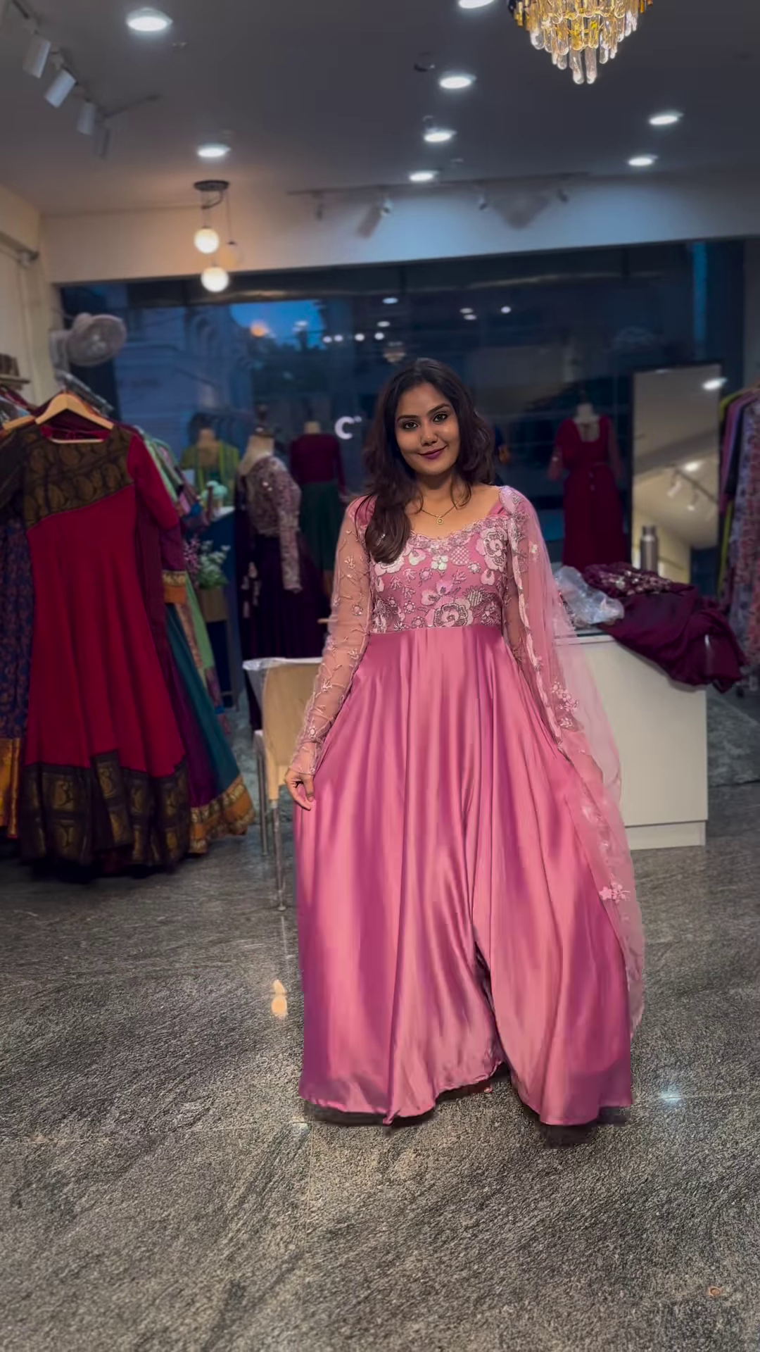 Elegant Pink Embroidered Gown with Sheer Sleeves – Flowing Satin & Net Partywear Dress