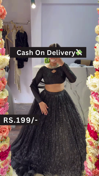 Black Sequin Crop Top Lehenga Set with Lace Skirt and Floral Mirror Selfie Styling – Glam Fusion for Every Festive Mood