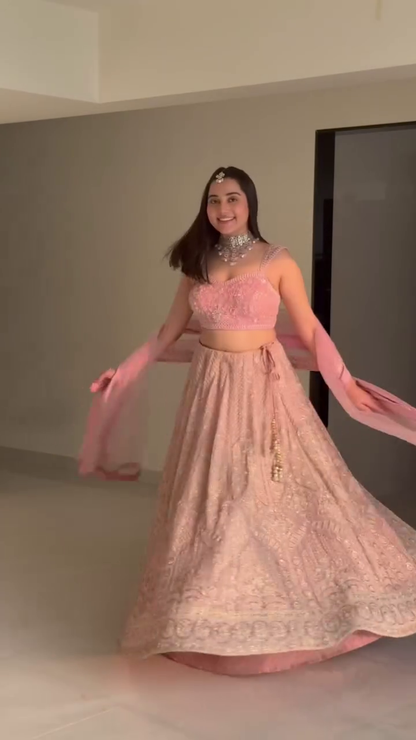 Elegant Blush Pink Embroidered Net Lehenga Set – Perfect for Weddings & Festive Occasions