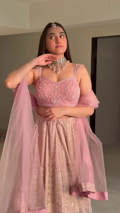 Elegant Blush Pink Embroidered Net Lehenga Set – Perfect for Weddings & Festive Occasions