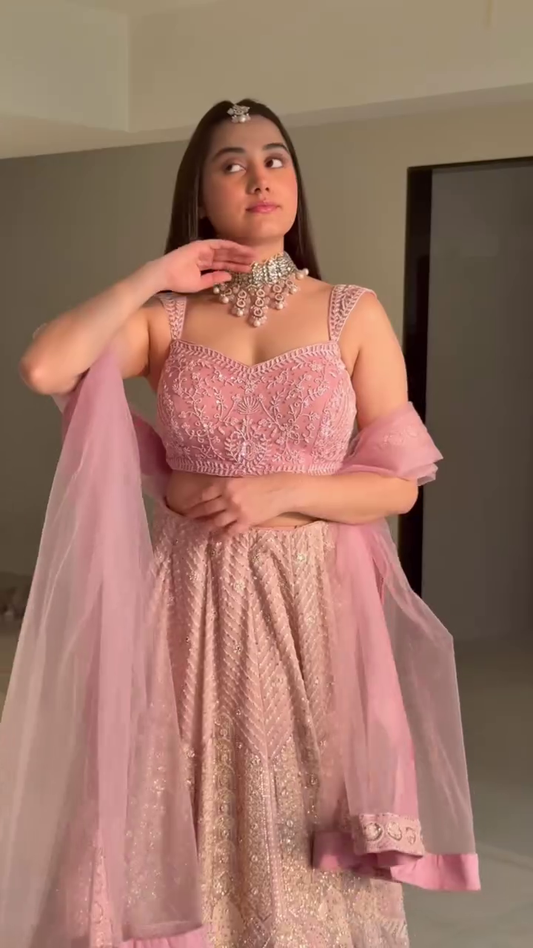 Elegant Blush Pink Embroidered Net Lehenga Set – Perfect for Weddings & Festive Occasions