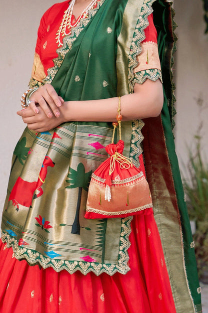 Red Color Half Saree With Green Voni For Girl For Pongal From Anaya Designer Studio