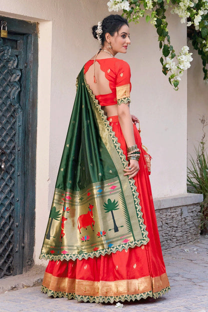 Red Color Half Saree With Green Voni For Girl For Pongal From Anaya Designer Studio