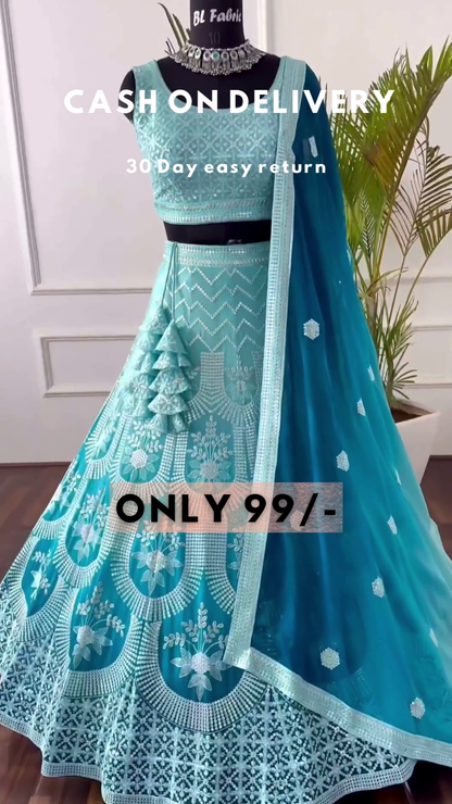 Sky Blue Net Thread Embroidery Sequins Umbrella Lehenga Party Wear