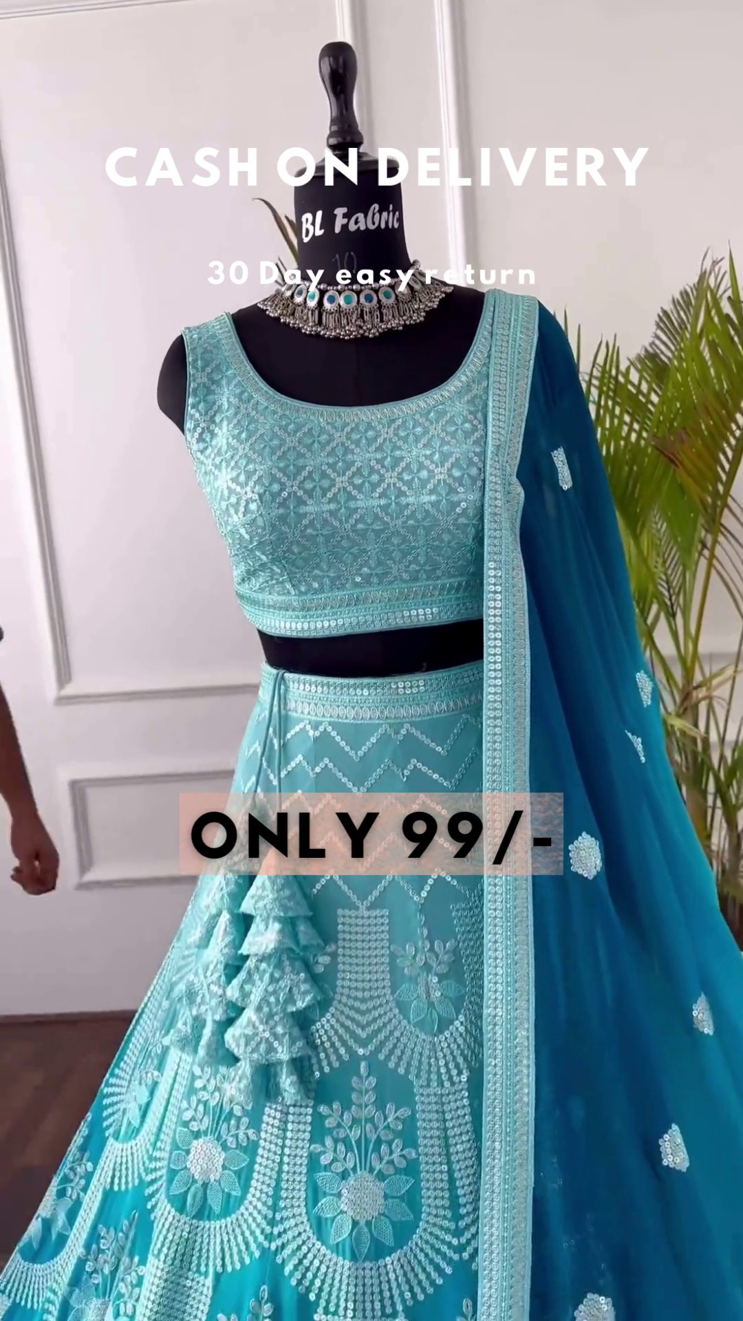 Sky Blue Net Thread Embroidery Sequins Umbrella Lehenga Party Wear
