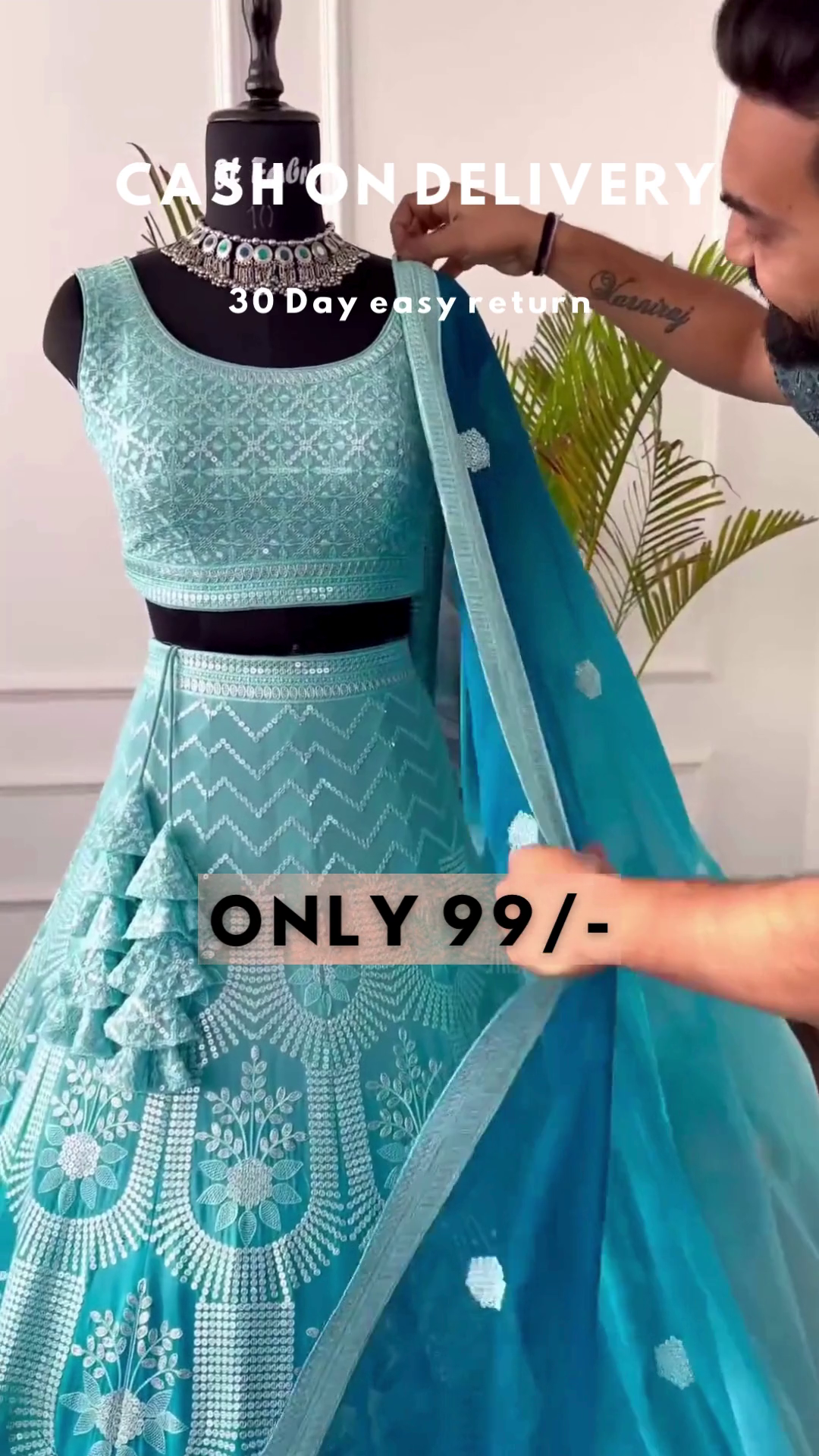 Sky Blue Net Thread Embroidery Sequins Umbrella Lehenga Party Wear