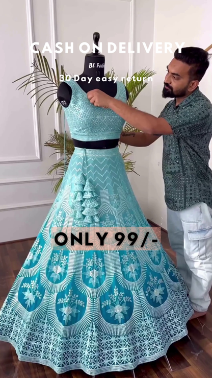 Sky Blue Net Thread Embroidery Sequins Umbrella Lehenga Party Wear