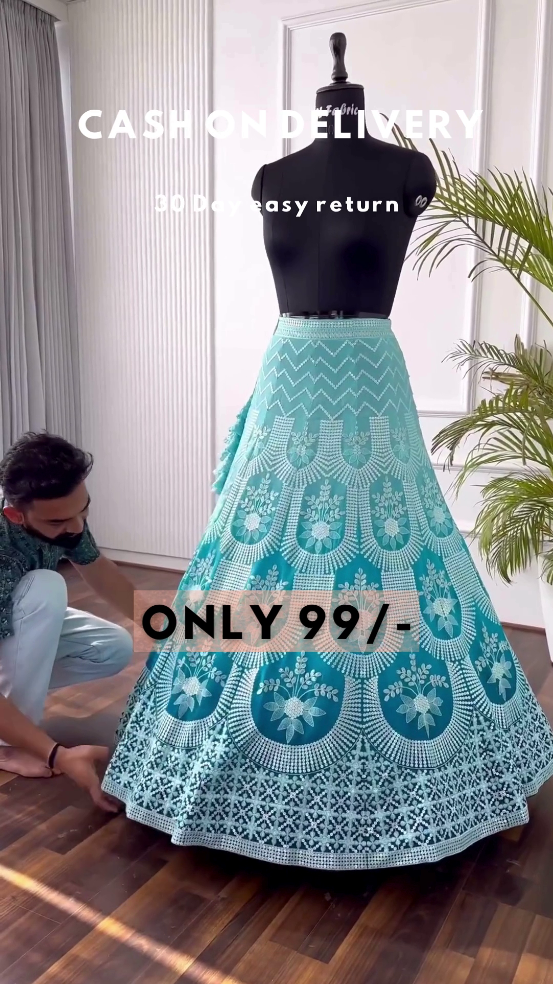 Sky Blue Net Thread Embroidery Sequins Umbrella Lehenga Party Wear