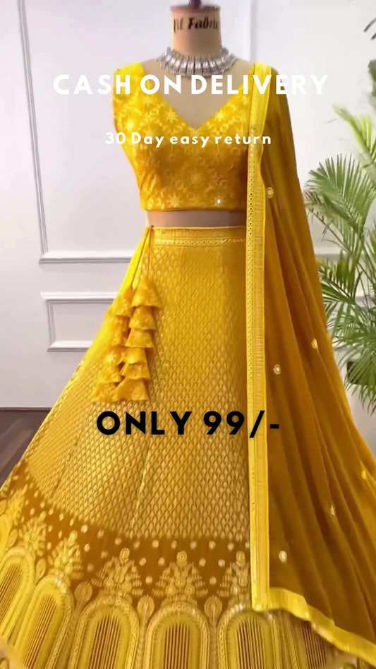 Yellow Colored Party wear Embroidered Lehenga Choli