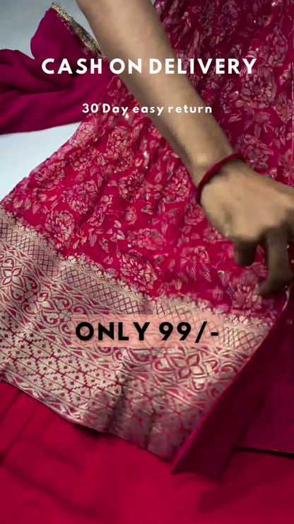 Clover Candy Pink Embroidered Kurti with Sharara and Organza Dupatta (Set of 3)