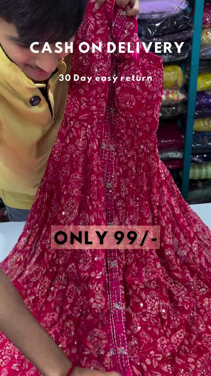 Clover Candy Pink Embroidered Kurti with Sharara and Organza Dupatta (Set of 3)