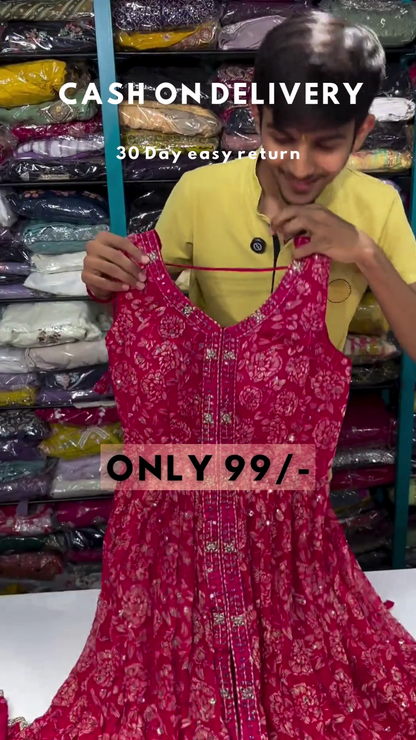 Clover Candy Pink Embroidered Kurti with Sharara and Organza Dupatta (Set of 3)