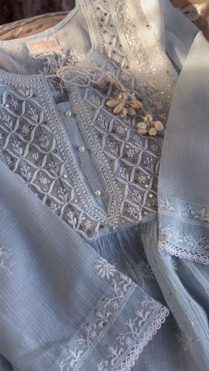 Organza Chikankari Applique Kurta Set