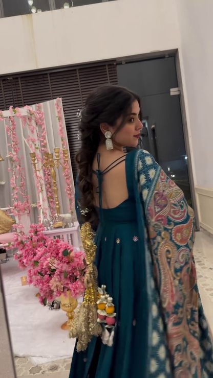 Green Skirt GGreenish Blue Chinon Silk with Embroidery Work Kurti seteorgette Bralette Raw Silk Cape Organza Set With Puff Sleeve (Copy)