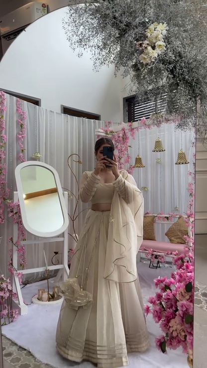 Green Skirt Georgette Bralette Raw Silk Cape Organza Set With Puff Sleeve