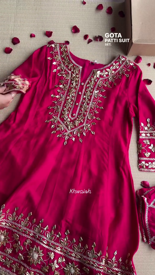 Bright Pink Designer Nack Hand Work Tapeta Silk Kurti With Pant & Dupatta Set