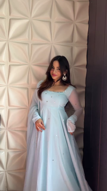 Fabulous Sky Blue Pastel Georgette Anrakali Gown