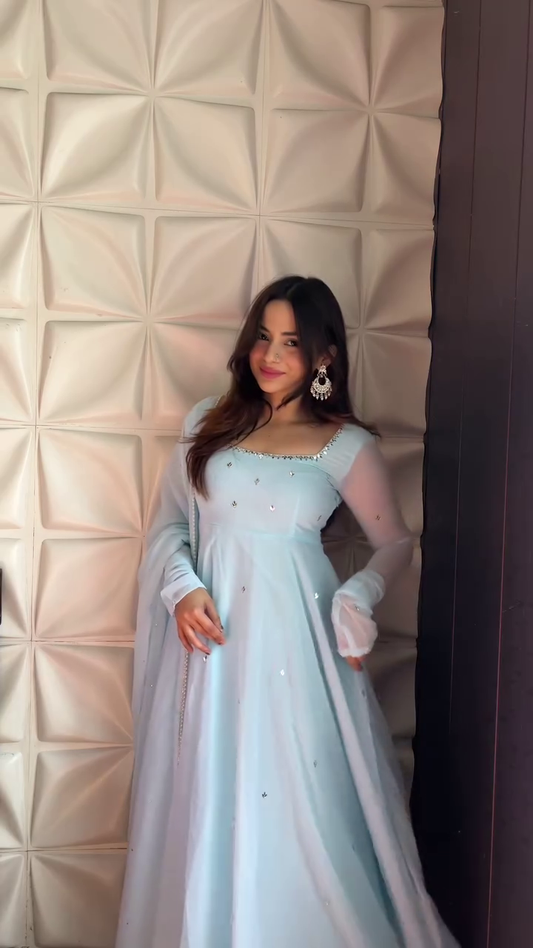 Fabulous Sky Blue Pastel Georgette Anrakali Gown