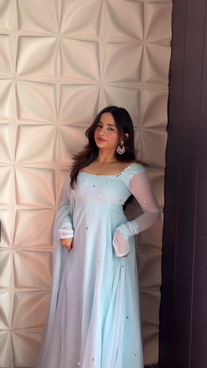 Fabulous Sky Blue Pastel Georgette Anrakali Gown