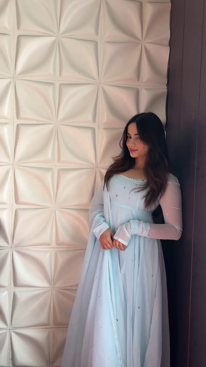 Fabulous Sky Blue Pastel Georgette Anrakali Gown
