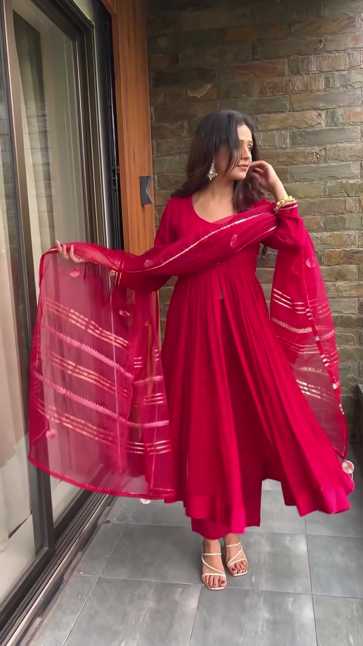 Maroon Color Georgette Anarkali With Embroidered Dupatta